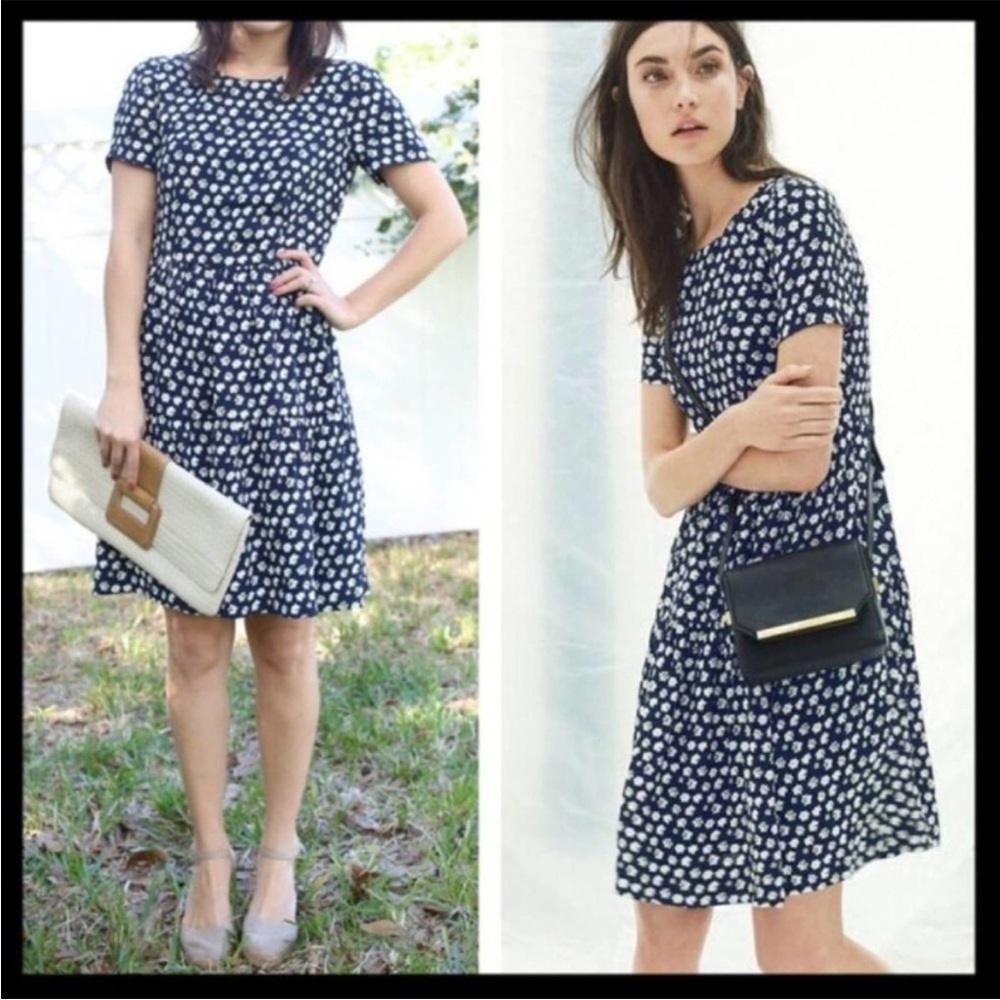 J Crew Blurred Floral Tiered Short Sleeve Navy Blue Dress Ditzy‎ Floral A1380 - Picture 4 of 14